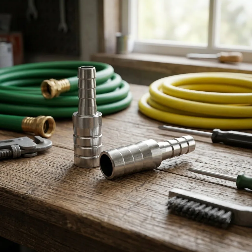 304 SS Hose Reducer 32mm to 8mm Barbed Connector with Stainless Clamps for Water Pump Air Compressor and Home Garden Use