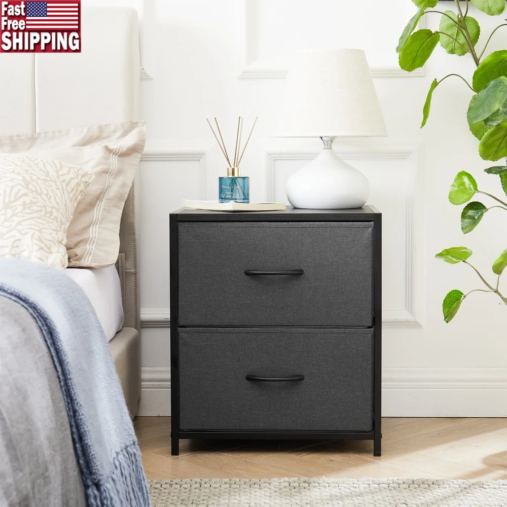 

2 Drawer Fabric Nightstand Portable Storage Table with Metal Frame Bedroom Living Room Office Easy Assembly