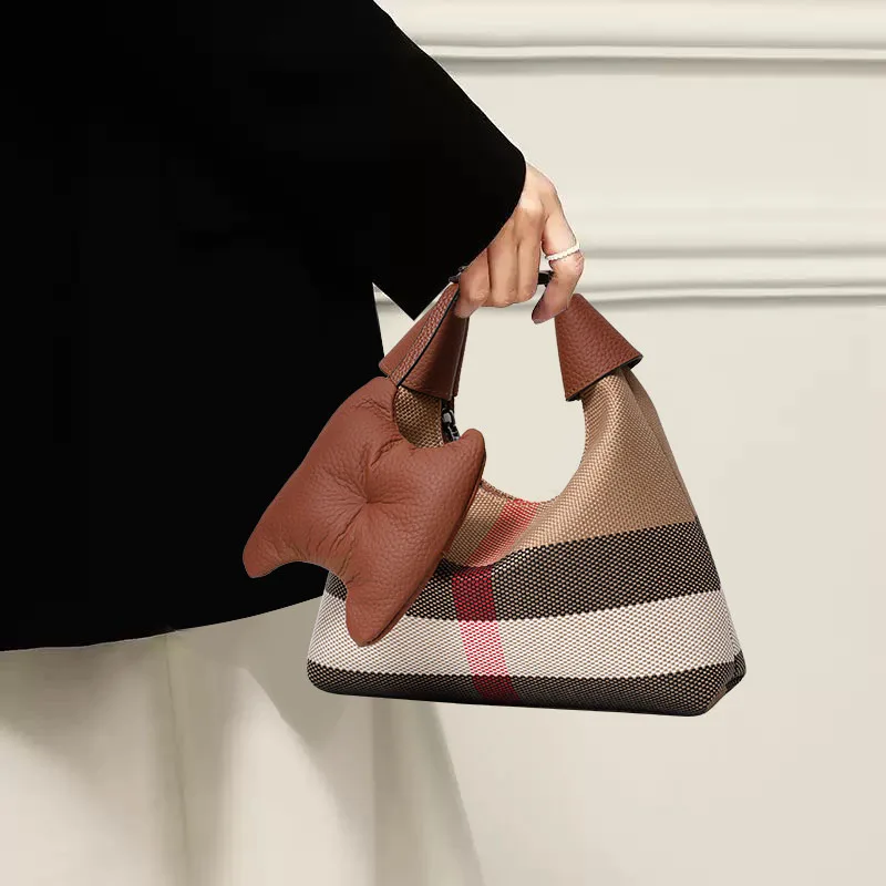 Genuine Cowhide Leather Canvas Plaid Women Hobo Bag, Portable Crossbody Bag, Mini Purse with Decor Charm for Travel