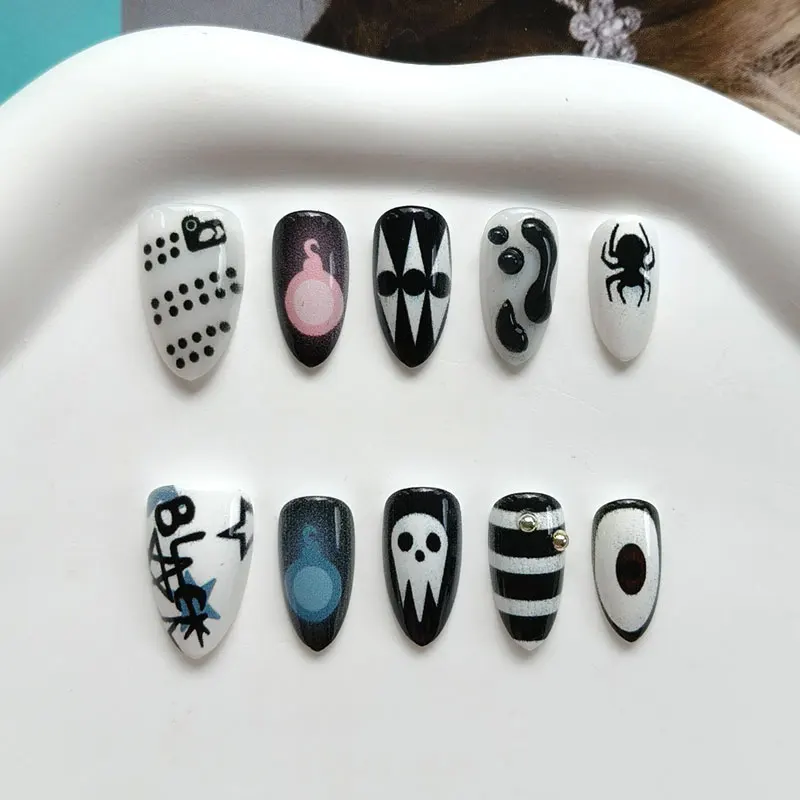 10 Stück 3D Geister-Kürbis Katzenaugen-Kunstnägel mit rauer Textur, Halloween-Nägel, europäische & amerikanische Nagelaufkleber, künstliche Nägel – Detail 17