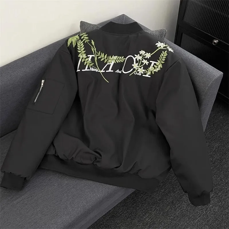 

Мужская летная куртка на открытом воздухе с вышитым цветочным дизайном, водонепроницаемый бейсбольный воротник, модное брендовое пальто, длинное свековое поли...