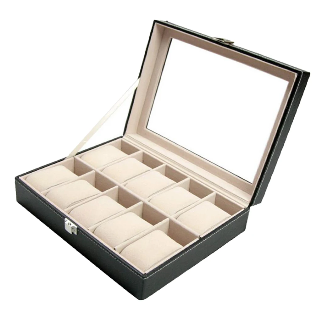 Caja de reloj de PU Retro con 10 ranuras, organizador de exhibición para hombres y mujeres, caja de PU brillante con almohadas de cuero suave