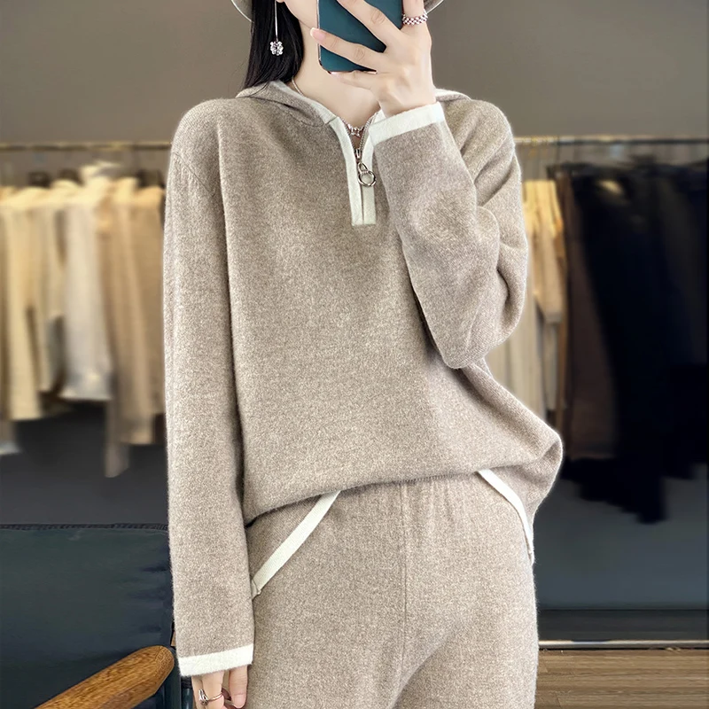 100% wool pullover, spring and autumn fashion casual set, women's new Korean sportswear, loose fitting and age reducing two-piec
