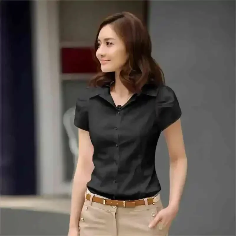 Women\'s Shirt 2024 Summer Women Top Female Black White Shirts Office Ladies Blouse OL Clothes Woman Short Sleeve Workwear