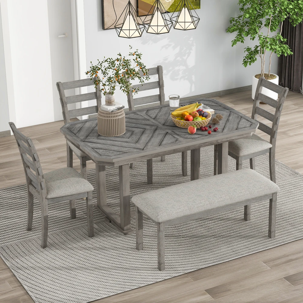 

TREXM 6-Piece Rubber Wood Dining Table Set with Beautiful Wood Grain Pattern Tabletop Solid Wood Veneer and Soft Cushion (Gray)