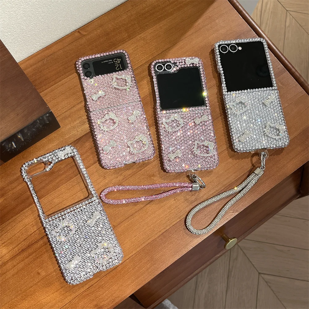 

Luxury Buling Flash drill Kitty cat with chain phone case for Samsung Galaxy Z Flip7 Flip6 5 Flip5 4 3 flip7 FE Cute Bow Cover