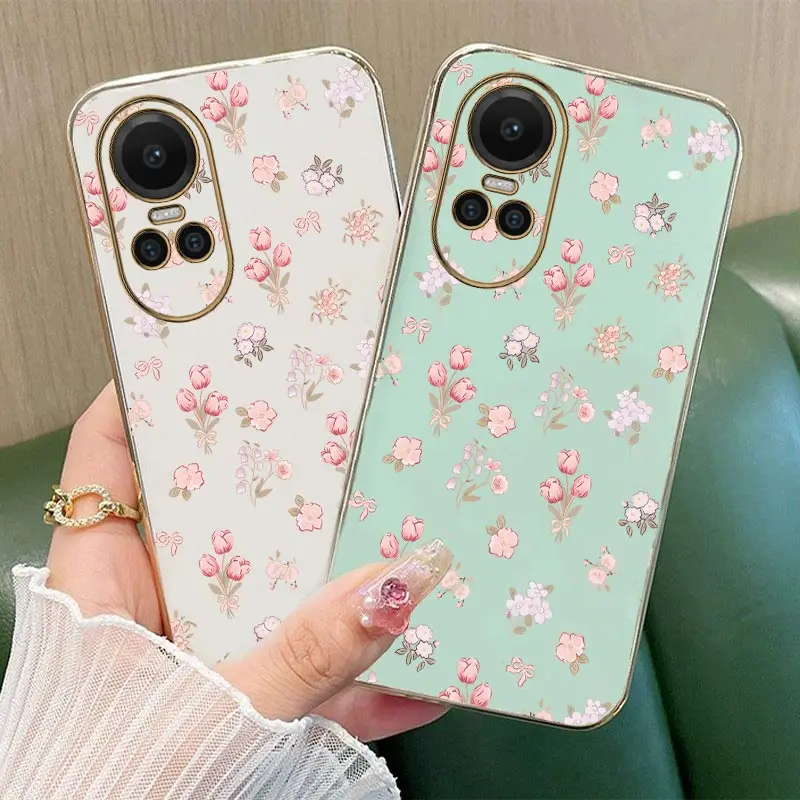 10 Tender Tulips Phone Case For OPPO Reno 11 9ProPlus 8 T Pro 7 7Lite 7Z 6 6Z 6 5Lite 5F 4 4F Pro Plus Plating Silicone Cover