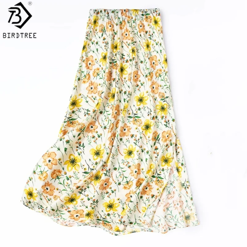 

Birdtree, 93% Real Silk 7% Spandex Skirt, Side Slit, Women Elastic Satin Print Skirts, Elastic Waist, 2026 Summer New D66708JF