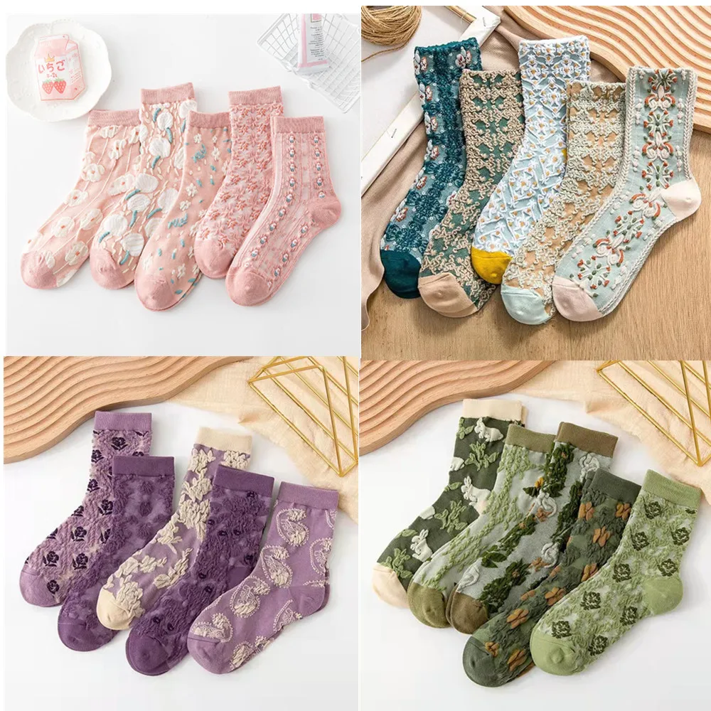 

5 Pairs Women's Socks for Spring and Autumn Warm Retro Kawaii 3D Embossed Flower Cotton New in JK Lolita Medium Tube Socks