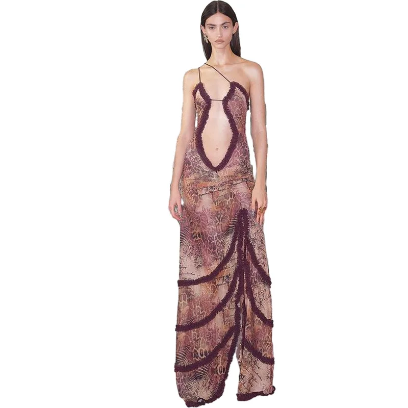 Fall Halter Neck Print Cut Out Backless Split Maxi Dress Women Elegant Lace Sexy Long Dresses Party Festival Rave Y2K