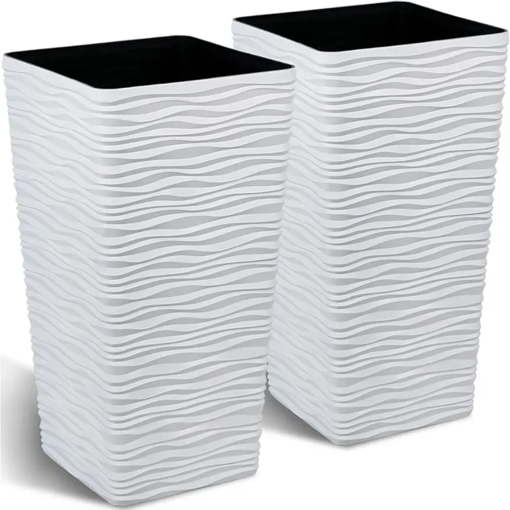 2-Pack Tall Tapered Planter Plastic White Square Plant Pots - 22