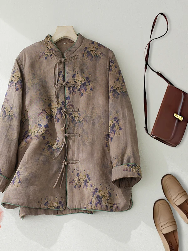 

Ele Printed Cotton Jaet Women's Long Sve Stand Collar Thiened Winter Coat Slimming Stitching Retro Sle Outerwear