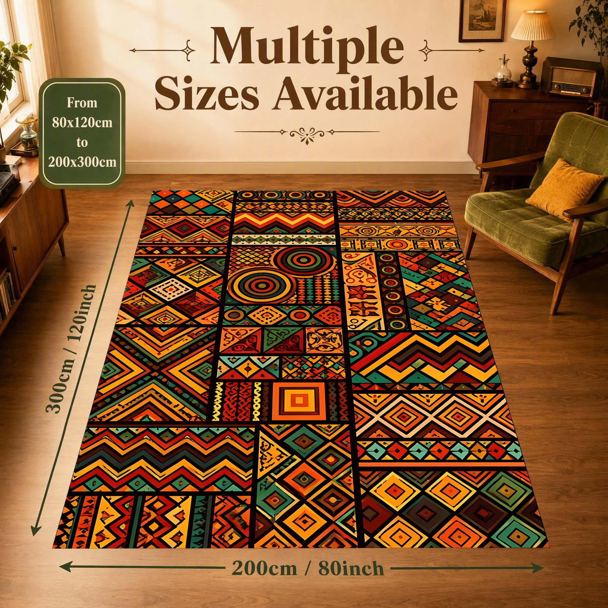 2D Carpet with Ethnic Geometric Patchwork Pattern in Retro Exotic Style for Living Room and Bedroom