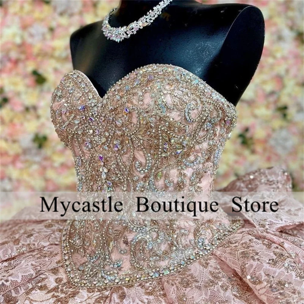 Sparkly Rose Gold Princess Quinceanera Dresses 2025 With Bow Ball Gown Appliques Crystals Bead Sweet 15 Dress Customized Lace-Up