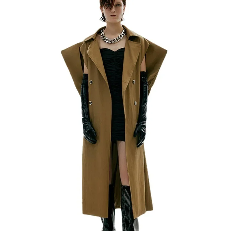 

SperAen European and American Fashion Women's Trench Coat Autumn New Cape Design Double-breasted Sleeveless Long Coat