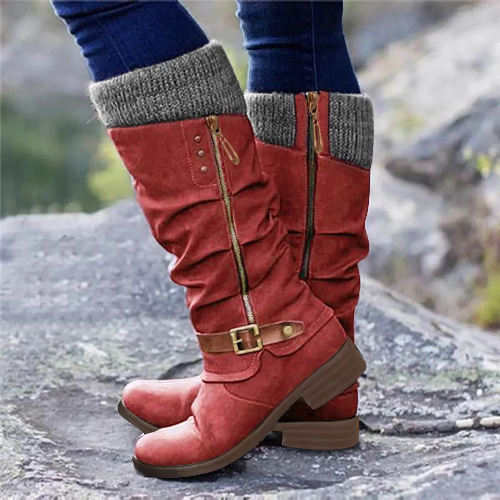 Vintage Women Boots Round Toe Casual Knee High Boots Autumn Winter Fashion Warm Ladies Shoes Solid High Quality