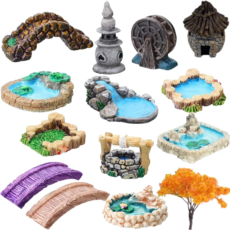 Miniature Garden Figurines Decor Craft Mini Lighthouse Water Well Bridge Vintage Fairy Garden Micro Landscape Yard Ornaments