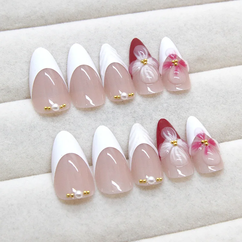 24pcs Hand-paint Flower Fake Nail Tips Ins Simple False Nails Wearable Full Cover White French Almond Shaped Press on Nails