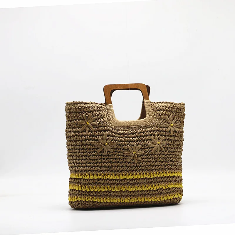 

Straw Woven Tote Bag with Wooden Handle, Daisy Embroidered Summer Beach Bag, Casual Handmade Striped Shoulder Bag