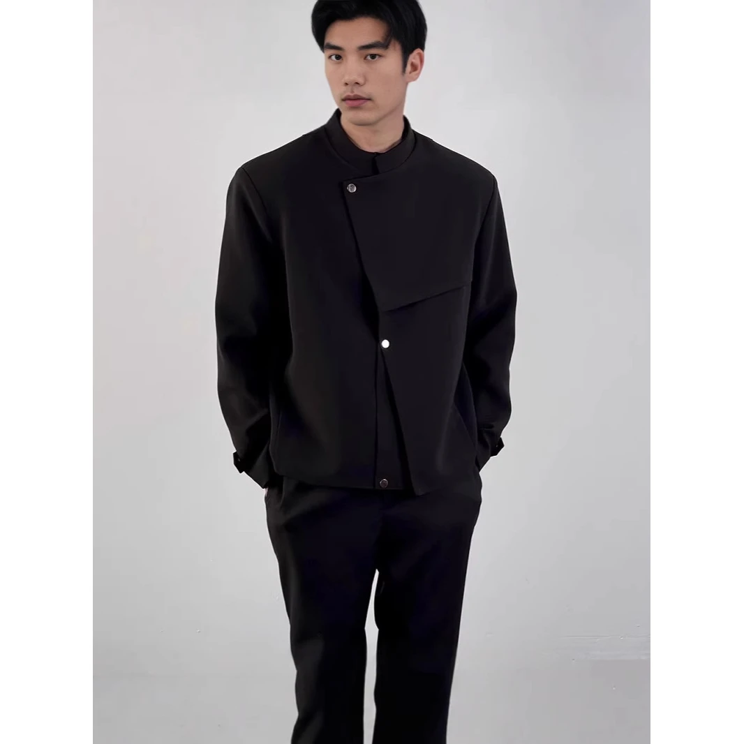 سترة رجالية بأسلوب صيني جديد مع أكتاف مبطنة، بدلة كاجوال ربيعية صغيرة بطراز غربي، سترة بياقة عالية أنيقة بطابع وطني