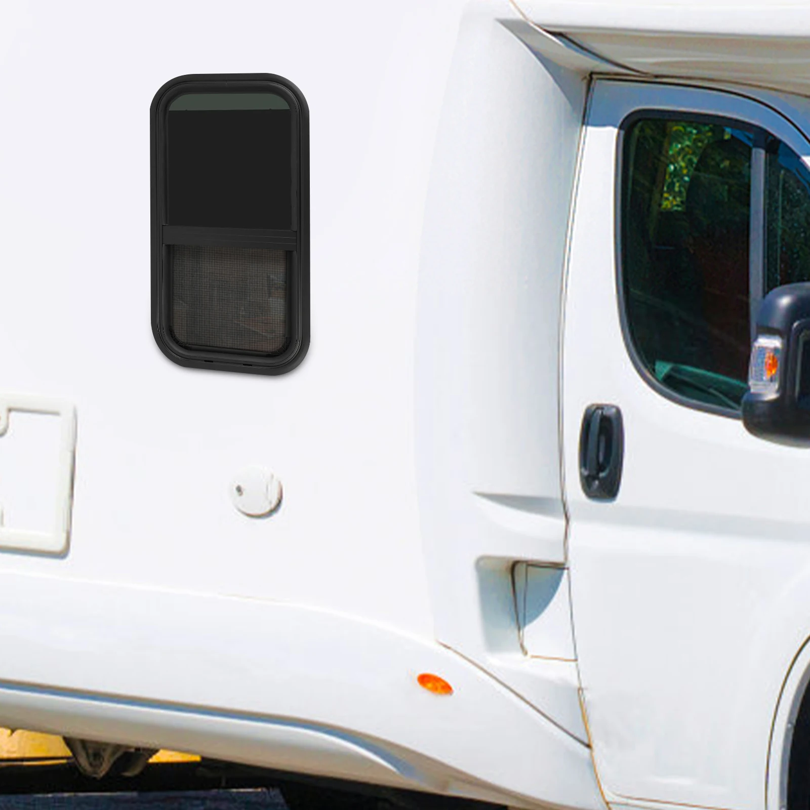نافذة RV عمودية مقاس 12 × 24 بوصة مع شاشة حشرات وفتحة تصريف لتحسين الضوء الطبيعي والحماية من الطقس أثناء رحلات الطرق