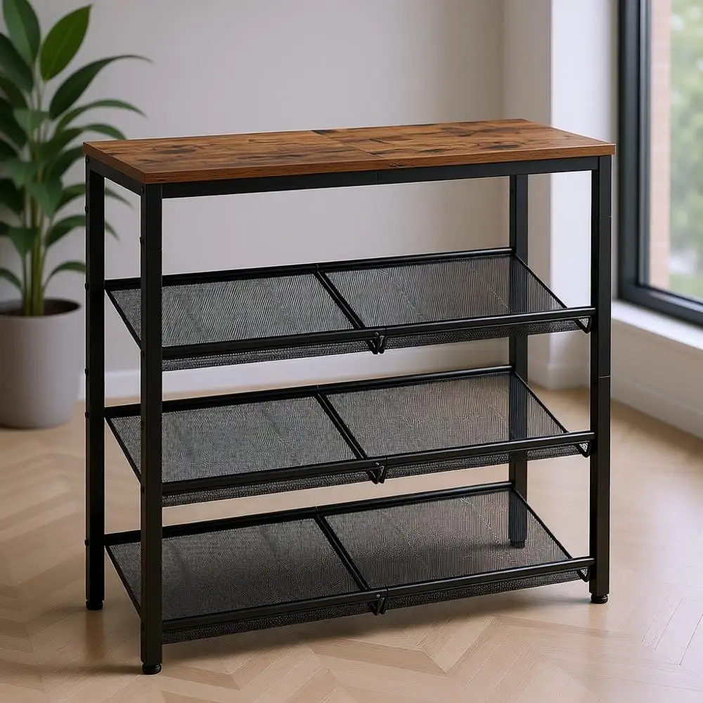 

4-Tier Rustic Shoe Rack Organizer with Storage and Spacious Top, Adjustable, Industrial Style, Brown and Black