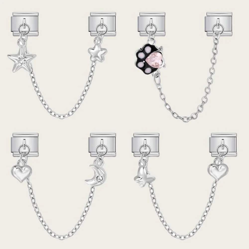 URING Silver Color Hanging Chain Cat Paw Star Moon Sun Stainless Steel Italian Charm Link Fit 9mm Jewelry DIY Making Bracelet