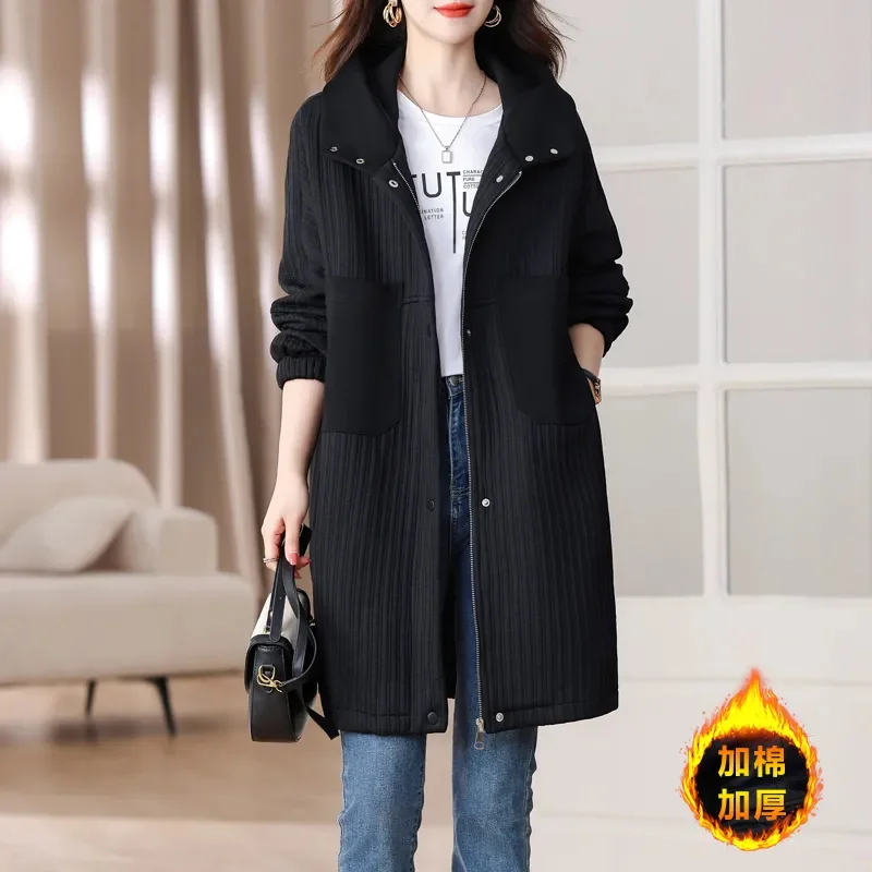 

2024 New Fashionable Slimming Splicing Autumn and Winter Loose Mid to Long Style With Cotton Thickening Hooded Cotton Jacket WLF