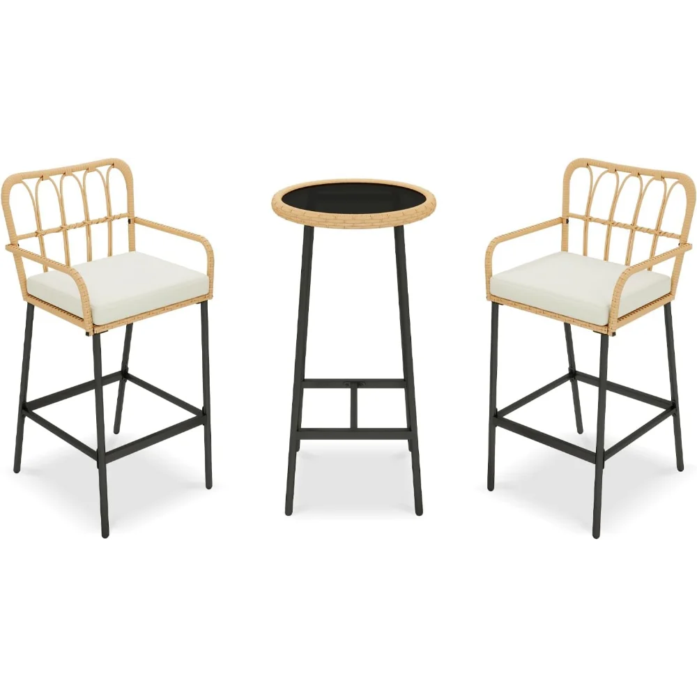 

3 Pieces Patio Bar Table Set, Outdoor Wicker Bar, All Weather Height Bar Stools and Table Set, for Garden, Deck