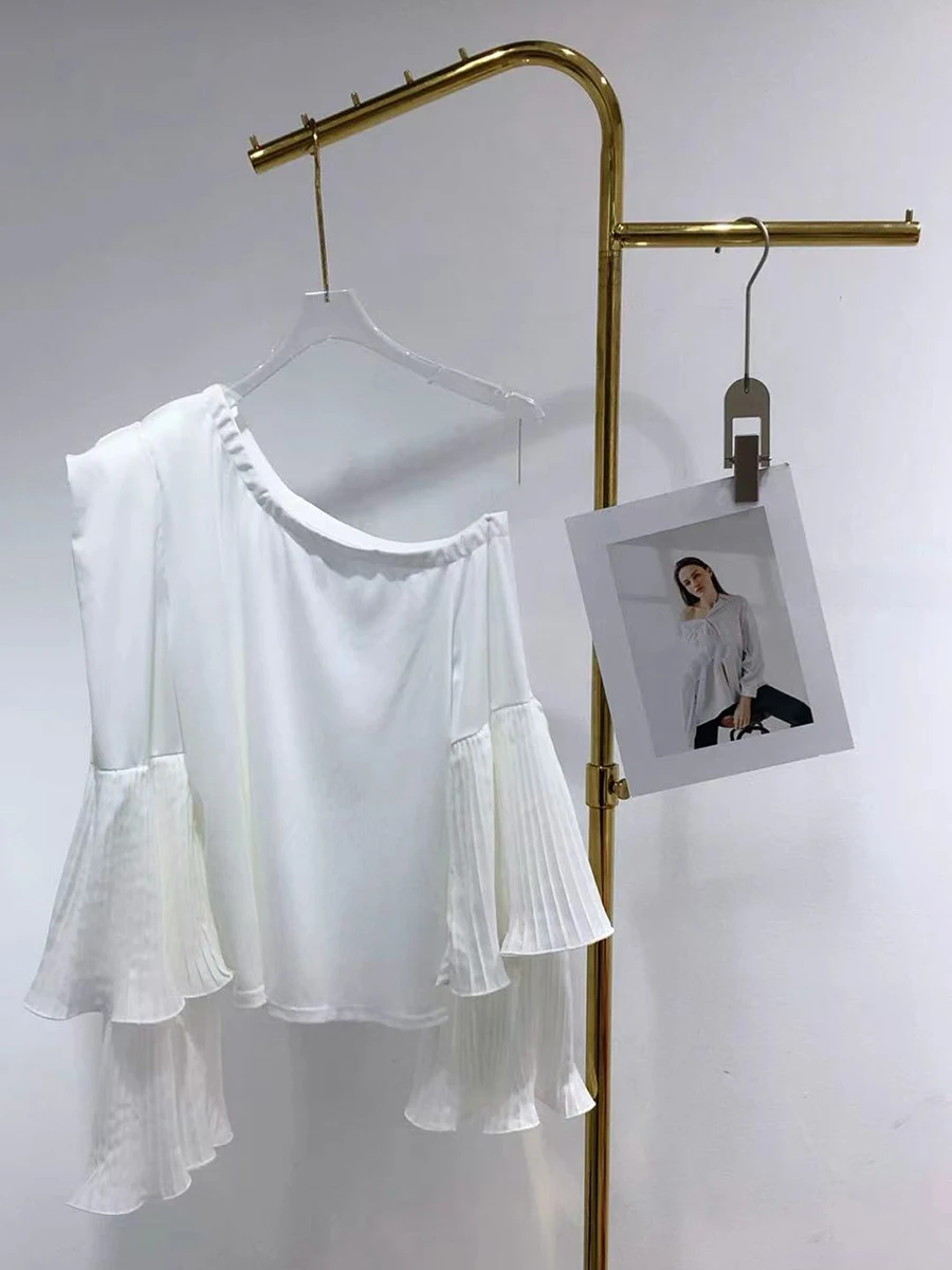 GALCAUR 無地 スプライス プリーツ レディース ベーシック Tシャツ Oネック フレア袖 ルーズ カジュアル シック 女性用 Tシャツ 秋 ファッション スタイル 新作