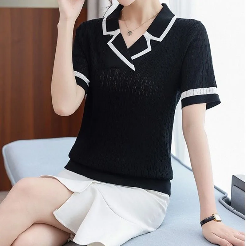 Casual All-match V-Neck Contrast Color T-shirt Summer Women\'s Clothing Slim Fashion Office Lady Short Sleeve Thin Knitted Tops