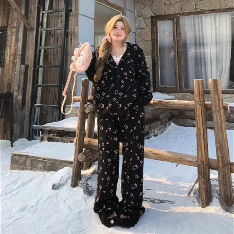 

Sanrio Trousers 2Pcs Hello Kitty Sweet Cool Sweatshirt New Style Small Fat Large Size Warm Suit Plush Jacket Autumn and Winter