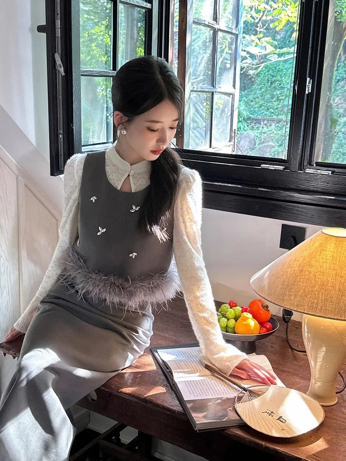 Korea Three Piece Set Autumn And Winter Sense Sleeveless Vest Shirt Women High Waist Straight Gray Skirt Set