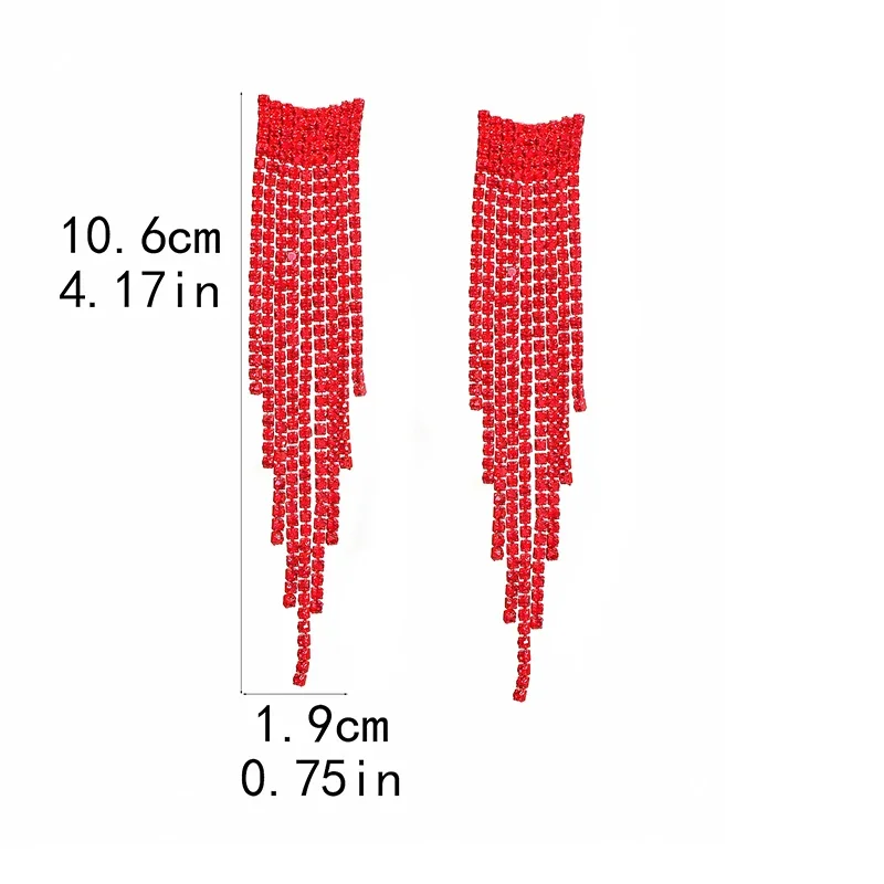 أقراط شرابة طويلة مجوهرات للنساء موضة الأحمر حفلة موسيقية الثريا أقراط حجر الراين تألق المتدلية الزفاف الأذن ترصيع