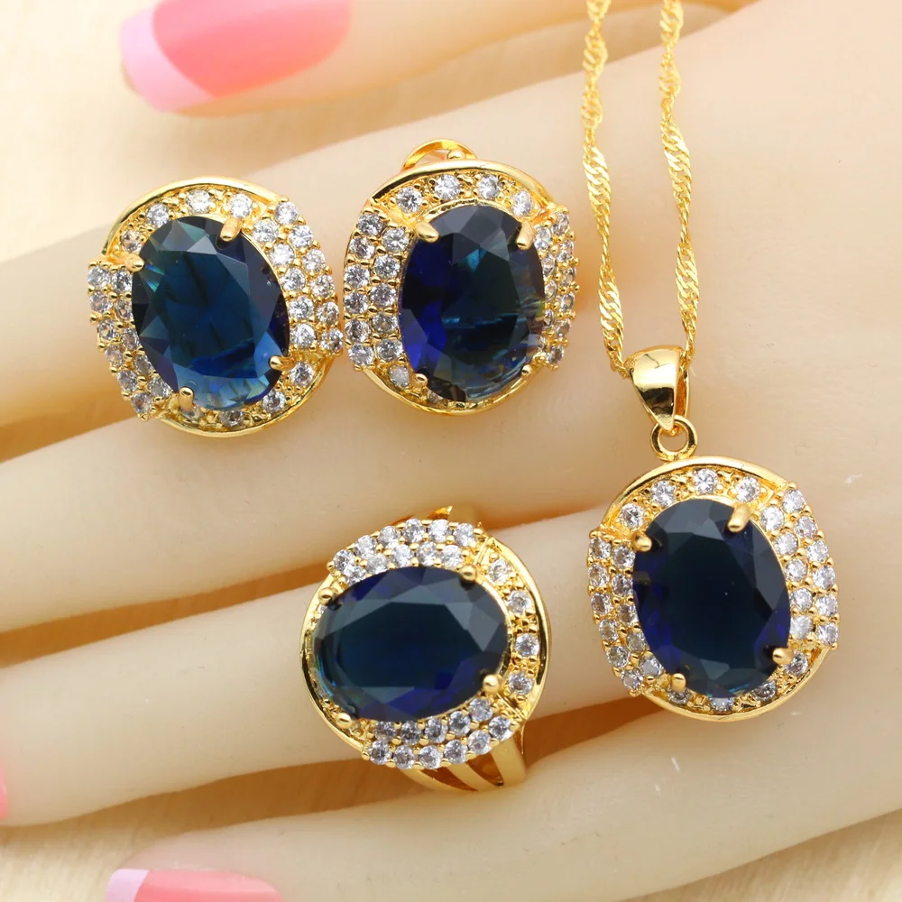 Dark Blue Stones Gold Color Bridal Jewelry Sets For Women Drop Earrings Necklace Pendant Bracelet Rings Free Gift Box WPAITKYS