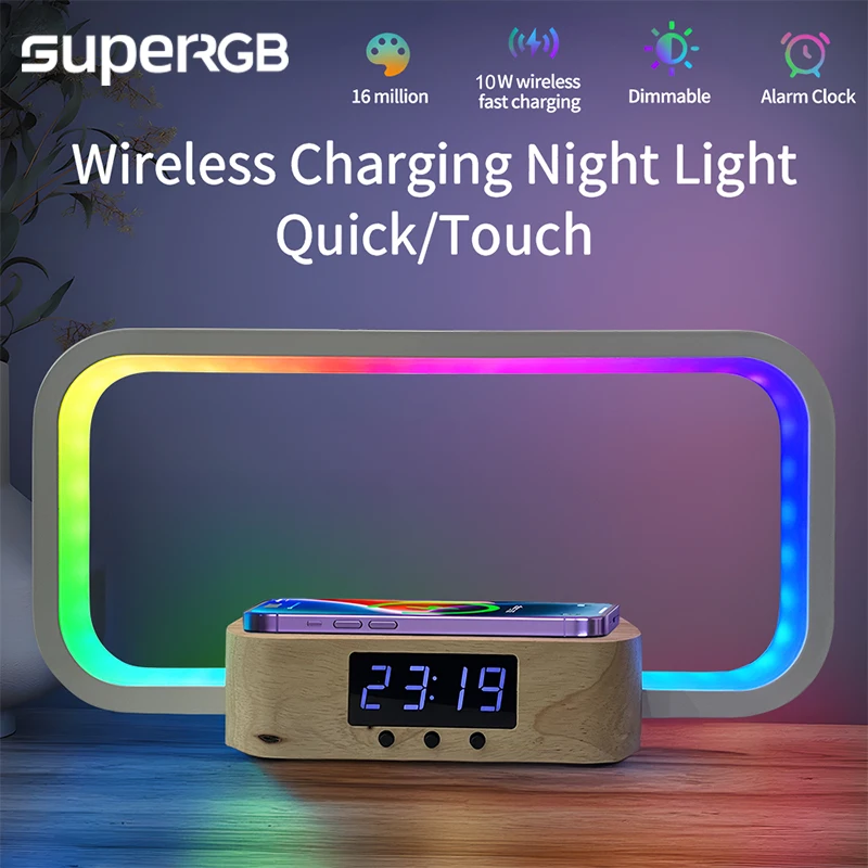 RGB Night Light Lamp with Alarm Clock 10W Wireless Charger Touch Stepless Dimming Nightstand Lamp Eye-Caring Reading Night Light