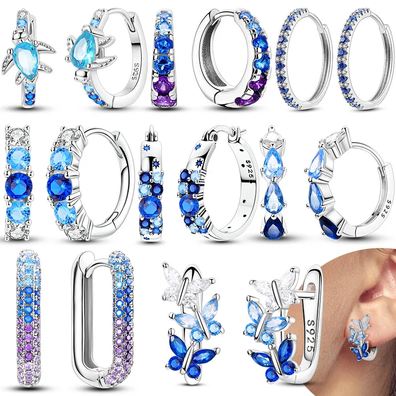 Pendientes de Aro de Plata de Ley 925 con Circonita Azul en Forma de Mariposa, Pendientes de Fiesta para Mujer, Joyería Fina