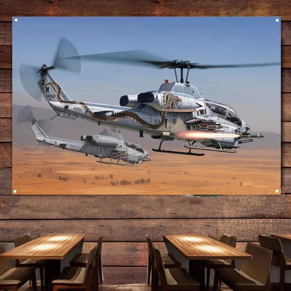 AH-1W Cobra Attack Helicopter Wall Art Flag Tapestry - Aviation Military Art Posters Wall Decor Banner - Best Gift for Army Fans