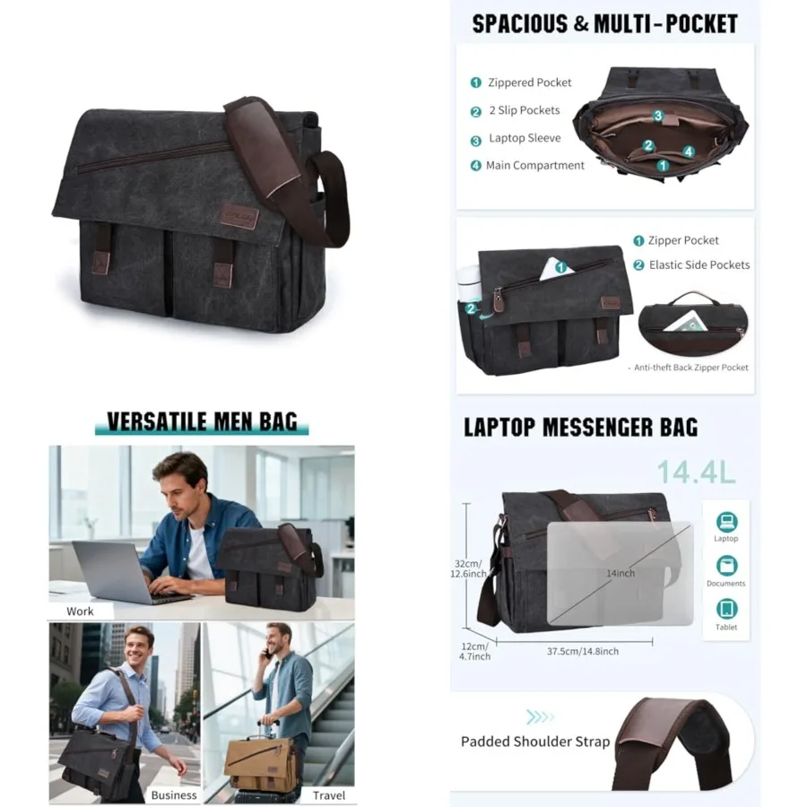 Messenger Bag for Men, Water Resistant Canvas Satchel 14 15.6 17 Inch Laptop Briefcases Business Shoulder Bag by RAVUO