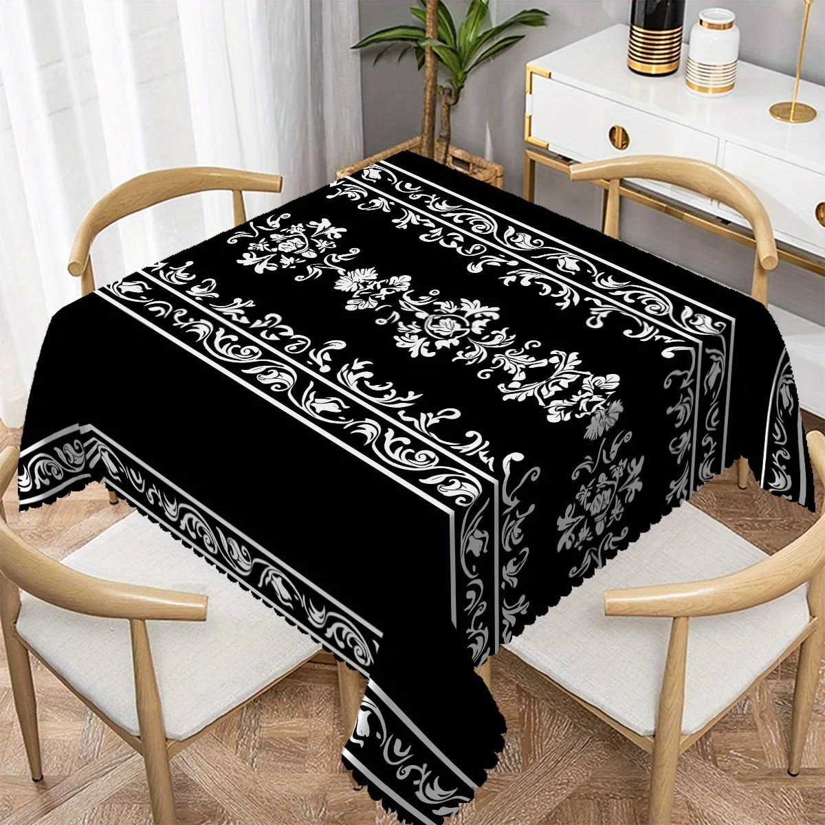 1pc Elegant Black & White Floral Print Rectangular Tablecloth with Scalloped Edge, Perfect for Dining Kitchen Hotel Party Table