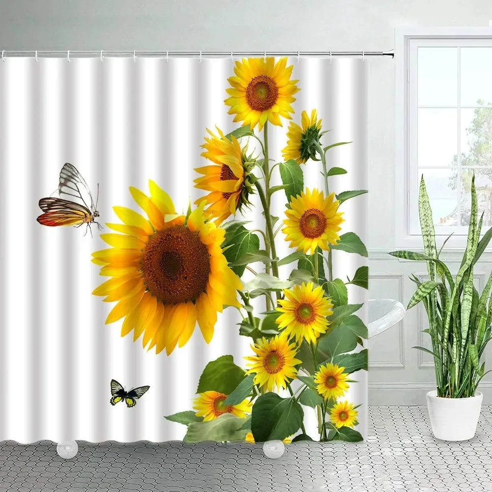 

Butterfly Sunflower Shower Curtains Natural Yellow Flowers White Background Decor Simple Fabric Home Decor Bathroom Curtain Sets