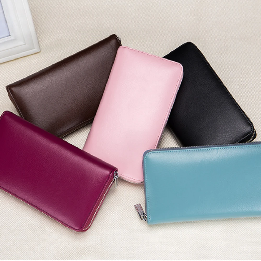 Multifunctional Genuine Leather Long Wallet Passport Bag Rfid Card Pack Large Capacity Business Card Bag for Men and Women