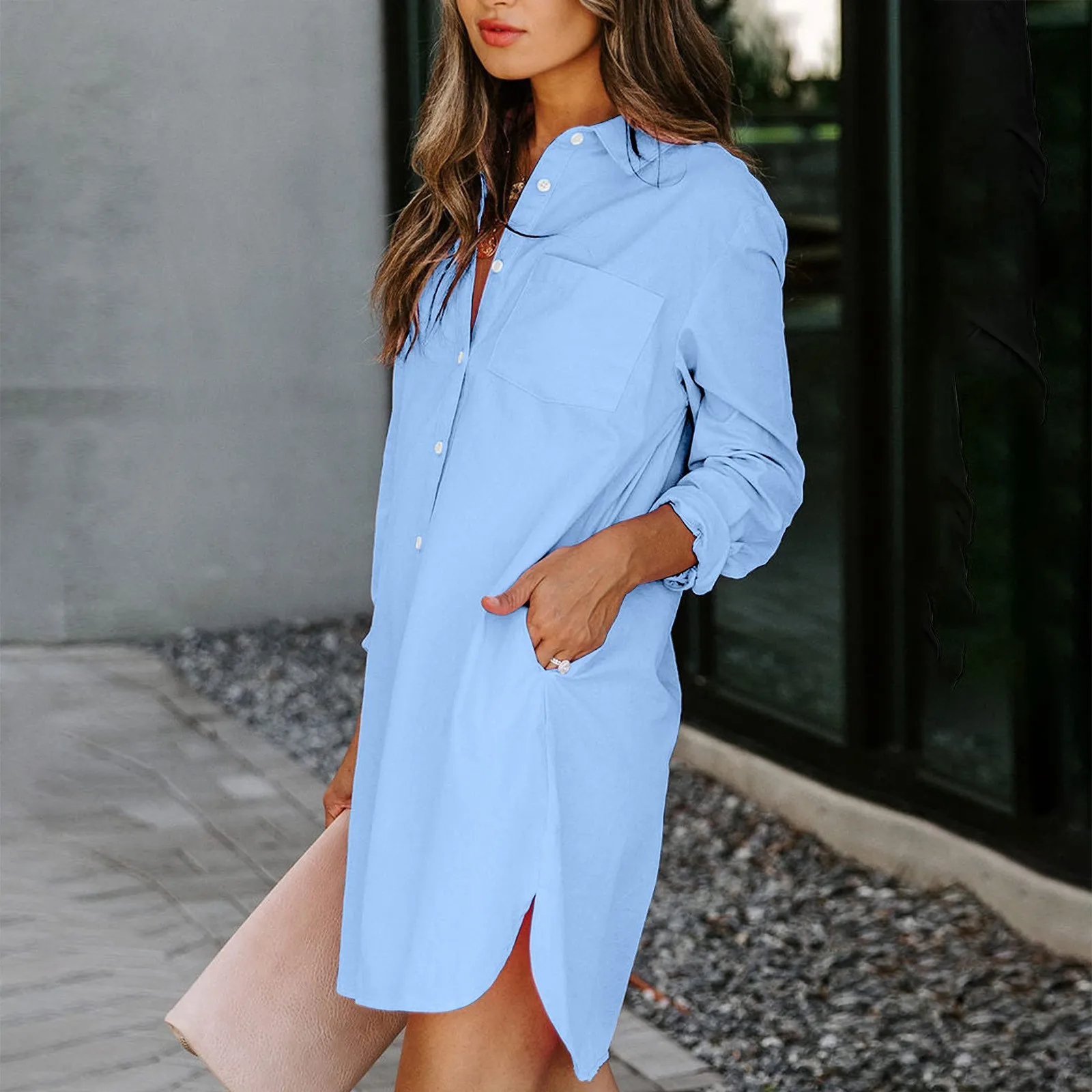 Women Shirt Dress Casual Solid Long Sleeve Turn-down Collar Pocket Dress Split Hem Casual Loose White Dress