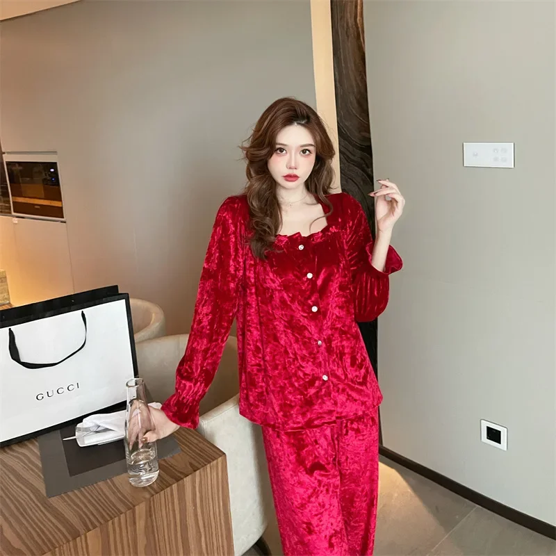 Red Long Sleeve Pants Floral Print Woman Satin Pajama Sets Ensembles 2 Piece Lady Outfit Lounge Women Pijama Sleepwear Pajama Pj