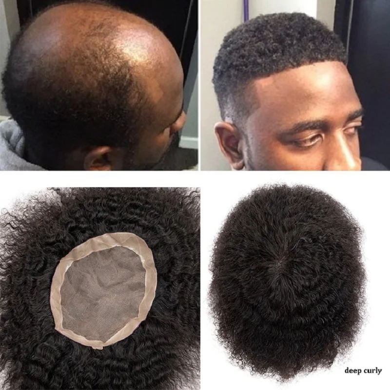 Prothèse capillaire en cheveux humains pour hommes, toupet durable, 100% cheveux humains, bouclés profonds, mono fin, perruques faites à la main, systèmes de remplacement naturels