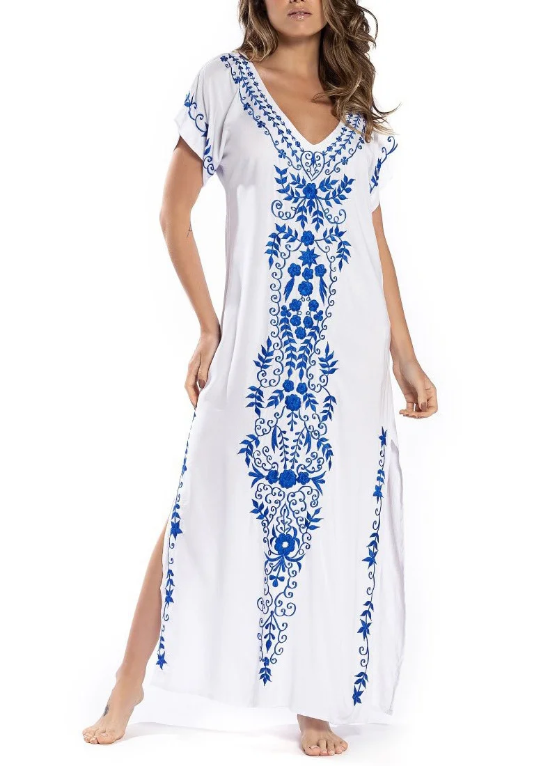 Dresses for Women Summer Short Sleeve V-Neck Casual Beach Sundress Ethnic Floral Print Long Boho Midi Dress Costume Dresses