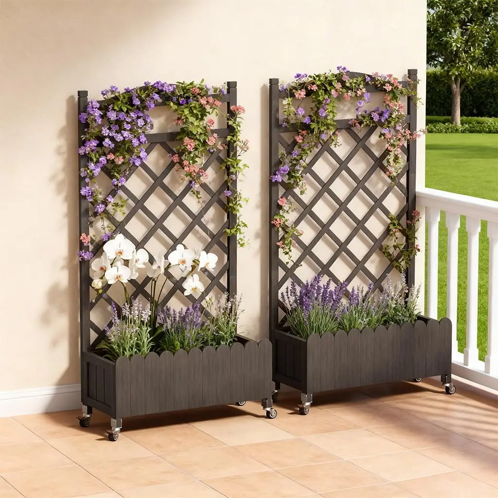 

COMHOMA 2 Pack Raised Garden Bed with Trellis and Wheels,48Inch Elevated Planter Box with Drainage Holes,Lattice Privacy Screen