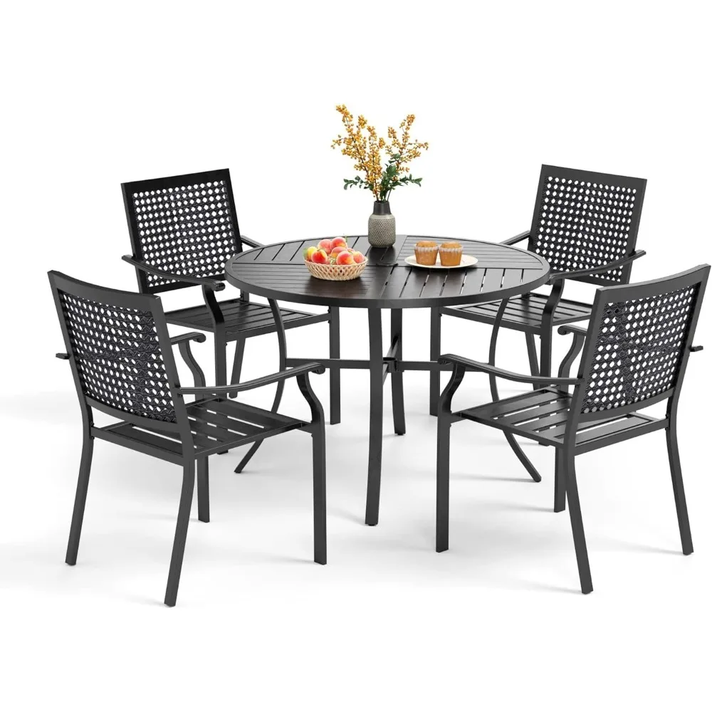 5 Pieces Outdoor Round Dining Set for 4, Steel Circle Table with Umbrella Hole & Chairs, Dining Furniture Set