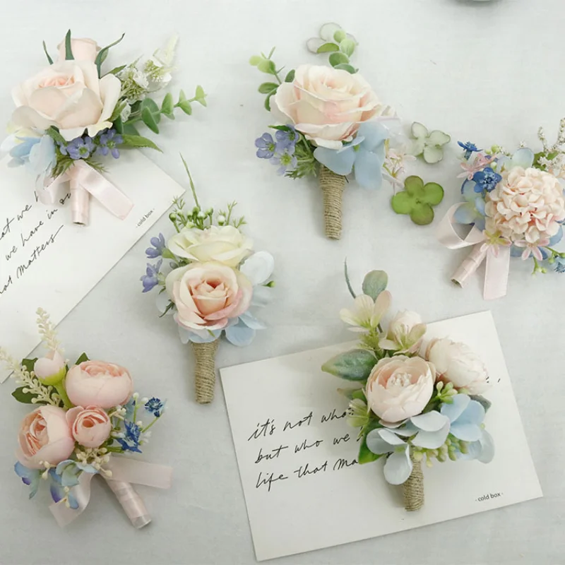 Corsage de Fleurs Artificielles Roses et Bleues Coréennes, Accessoires de Demoiselle d'Honneur, Boutonnière, Décoration de Mariage