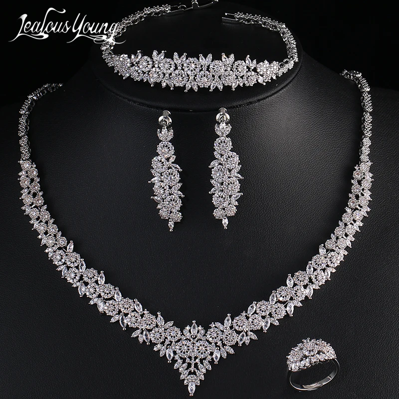 

4Pcs Long Dangle Cubic Zirconia Bridal Jewelry Sets Luxury Dubai Nigerian CZ Wedding Costume Necklace Set